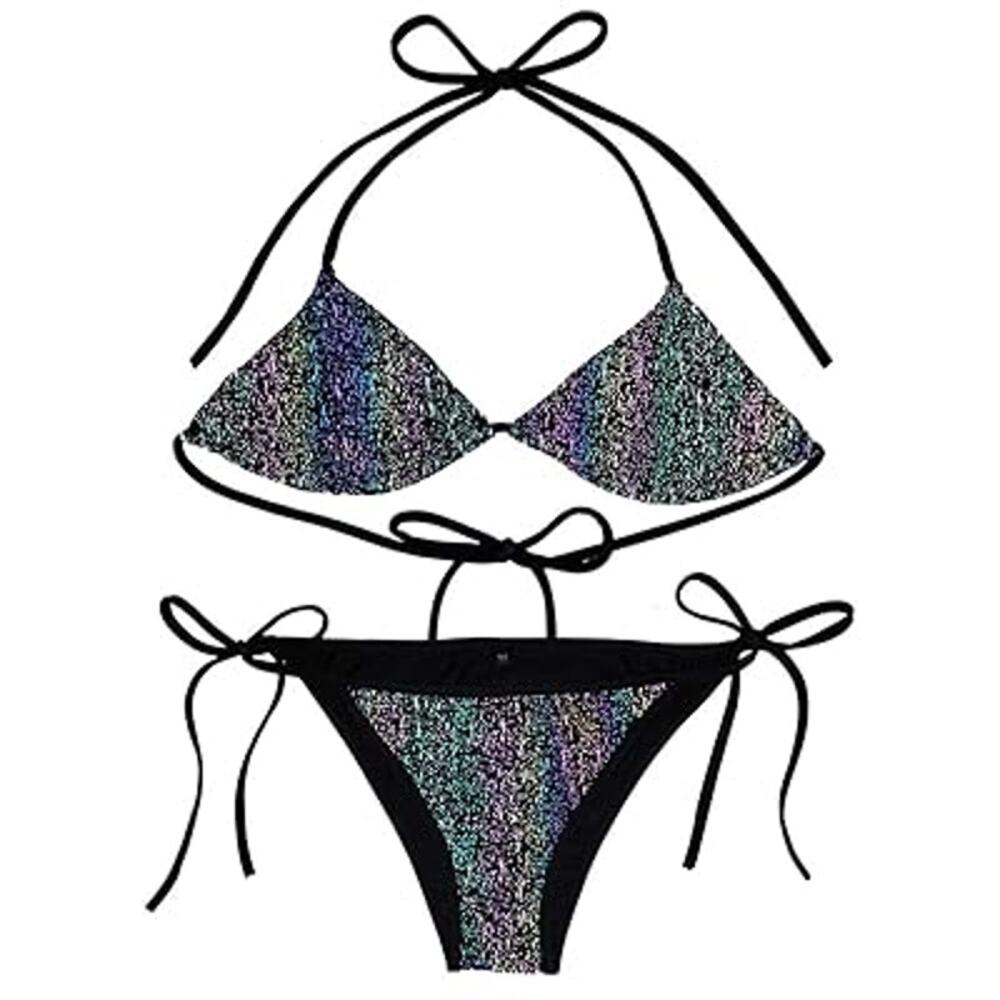 Women's Black Holographic Reflective Triangle Bikini Set - Sz S - NWT